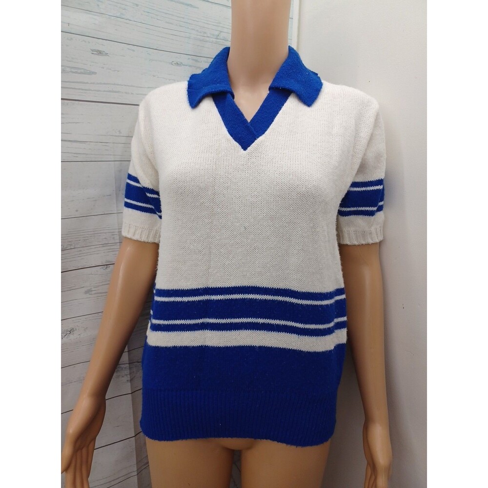 CHEERLEADER SUPPLY CO Sz S Blue Vtg 60s Short Sleeve Sweater School Cheerleading